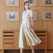 Load image into Gallery viewer, VOA Heavy Silk Jacquard White Pearl Clasp Slim Dress Vintage Elegant Summer Women High Waist Tunic Print Midi Dress A117